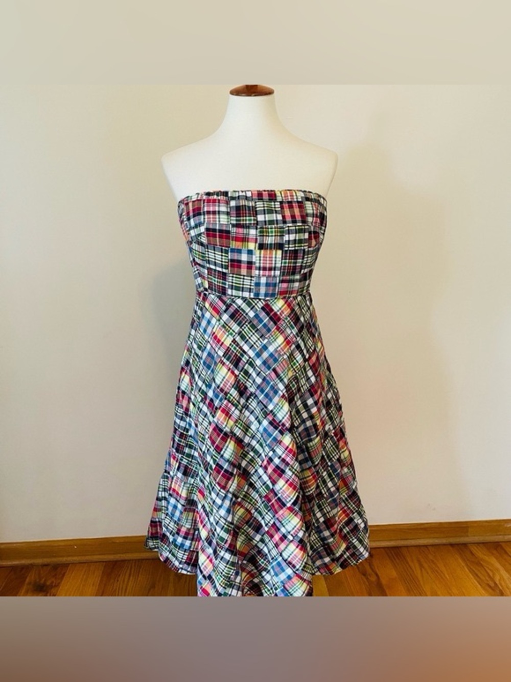 Vintage J.Crew 100% Cotton Patchwork Strapless Midi Dress, Size 8 - Picture 2 of 8